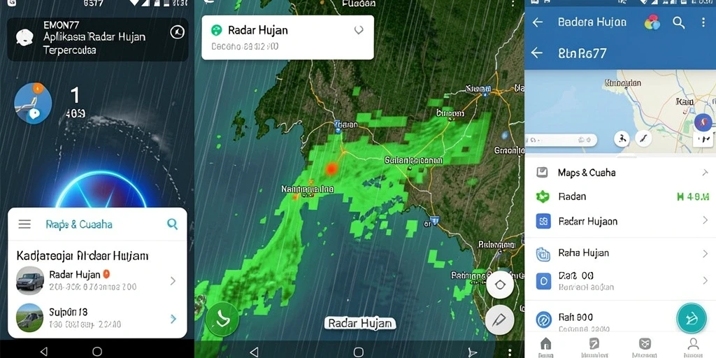 Antarmuka utama EMON77 menampilkan peta cuaca dan radar hujan yang akurat.