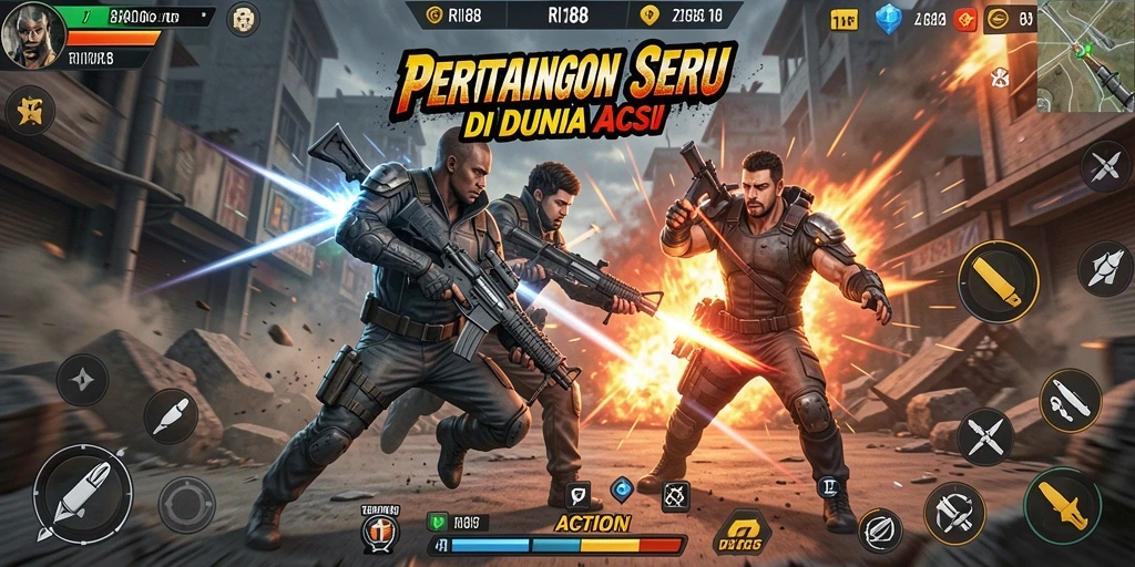 Tampilan antarmuka RI188 dengan aksi melawan musuh yang intens.