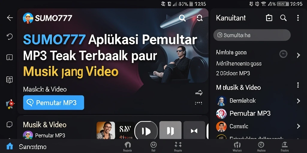 Tampilan antarmuka aplikasi Pemutar MP3 SUMO777 yang menarik.